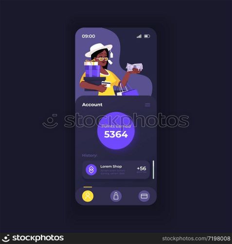Cashback application smartphone interface vector template. Mobile app page dark theme design layout. Account balance screen. Flat UI for application. Bonus points amount on phone display