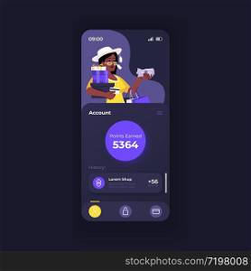 Cashback application smartphone interface vector template. Mobile app page dark theme design layout. Account balance screen. Flat UI for application. Bonus points amount on phone display