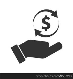 Cashback icon. Dollar sign with arrows on a hand icon. Flat vector illustration.