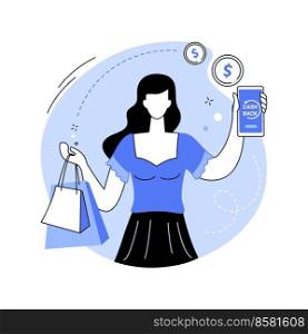 Cashback isolated cartoon vector illustrations. Smiling girl with phone getting a chargeback, cashback loyalty program, retail marketing, shopping with benefits, happy client vector cartoon.. Cashback isolated cartoon vector illustrations.