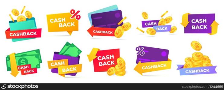 Cashback label. Money refund badges, cash back deal and return coins from purchases and payment vector labels set. shopping discount promotion stickers with golden coins, wallet and percent sign. Cashback label. Money refund badges, cash back deal and return coins from purchases vector labels set