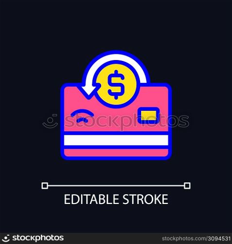 Cashback pixel perfect RGB color icon for dark theme. Receiving percentage of purchases back. Refund, chargeback. Simple filled line drawing on night mode background. Editable stroke. Arial font used. Cashback pixel perfect RGB color icon for dark theme