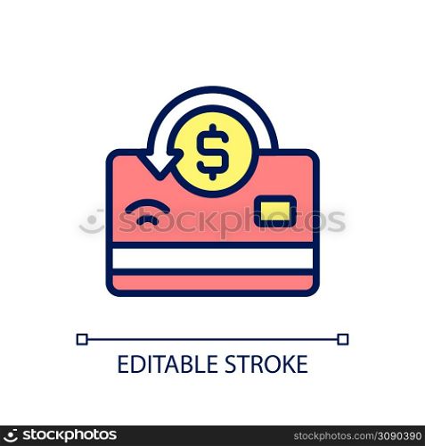 Cashback pixel perfect RGB color icon. Receiving percentage of purchases back. Refunds and chargebacks. Isolated vector illustration. Simple filled line drawing. Editable stroke. Arial font used. Cashback pixel perfect RGB color icon