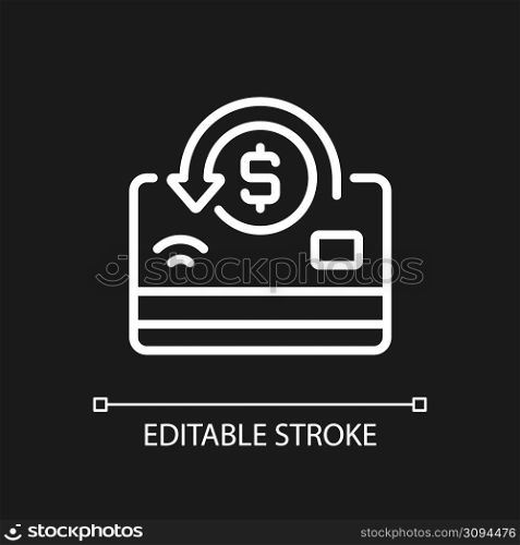 Cashback pixel perfect white linear icon for dark theme. Receiving percentage of purchases back. Thin line illustration. Isolated symbol for night mode. Editable stroke. Arial font used. Cashback pixel perfect white linear icon for dark theme