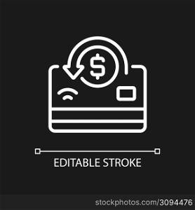 Cashback pixel perfect white linear icon for dark theme. Receiving percentage of purchases back. Thin line illustration. Isolated symbol for night mode. Editable stroke. Arial font used. Cashback pixel perfect white linear icon for dark theme