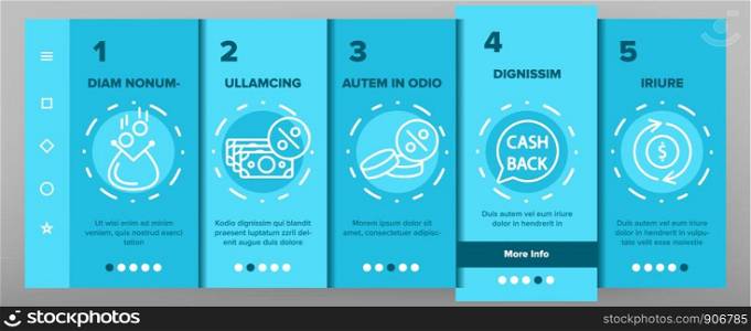 Cashback Service Onboarding Mobile App Page Screen Vector Thin Line. Interest Repayment And Accumulation Account, Money Coins And Percent Cashback Elements Linear Pictograms. Contour Illustrations. Cashback Service Onboarding Vector