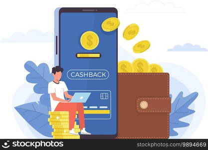 Cashback. Small people and big items coins, huge smartphone and purse, ewallet mobile app, banking cashback for buyer, customer money refund, financial promotion instrument vector concept