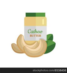 Cashew butter and nuts vector. Flat design. Healthy food, diet and cosmetic products. Seasoning. Culinary ingredient, source of protein, vitamins, fatty acids. Isolated on white background. . Cashew Butter Vector Illustration in Flat Design. . Cashew Butter Vector Illustration in Flat Design.