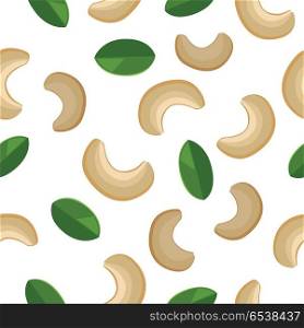 Cashew seamless pattern vector in flat design. Traditional snack. Healthy food. Nut ornament for wallpapers, polygraphy, textiles, web page design, surface textures. Isolated on white background.. Cashew Seamless Pattern Vector in Flat Design.. Cashew Seamless Pattern Vector in Flat Design.