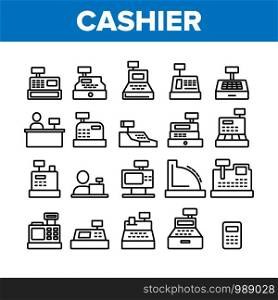 Cashier Equipment Collection Icons Set Vector Thin Line. Different Electronic Device Cashier Machine Register And Calculator Concept Linear Pictograms. Monochrome Contour Illustrations. Cashier Equipment Collection Icons Set Vector