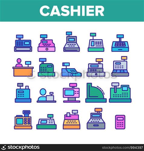 Cashier Equipment Collection Icons Set Vector Thin Line. Different Electronic Device Cashier Machine Register And Calculator Concept Linear Pictograms. Monochrome Contour Illustrations. Cashier Equipment Collection Icons Set Vector