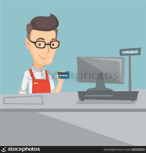 Cashier holding a credit card at the checkout in a supermarket. Cashier working at the checkout in supermarket. Cashier standing near the cash register. Vector flat design illustration. Square layout.. Cashier holding a credit card at the checkout.