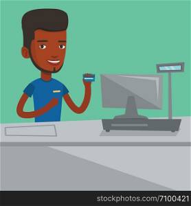 Cashier holding credit card at the checkout in supermarket. Happy cashier working at checkout in a supermarket. Cashier standing near the cash register. Vector flat design illustration. Square layout.. Cashier holding credit card at the checkout.