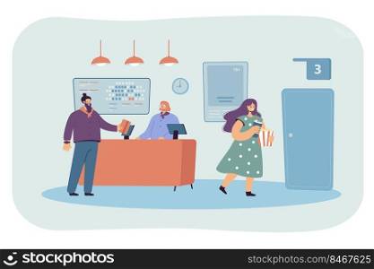 Cashier selling tickets for cinema show. Flat vector illustration. Woman with popcorn entering cinema, man paying for ticket at counter, box office. Movie, cinema, theatre, entertainment concept