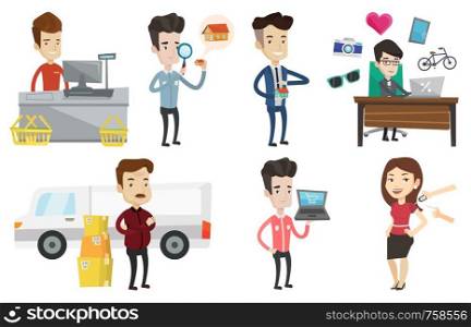 Cashier standing at checkout in supermarket. Cashier working at checkout in supermarket. Cashier standing near the cash register. Set of vector flat design illustrations isolated on white background.. Vector set of shopping people characters.