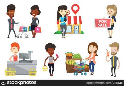 Cashier standing at the checkout in supermarket. Cashier working at checkout in a supermarket. Cashier standing near cash register. Set of vector flat design illustrations isolated on white background. Vector set of shopping people characters.