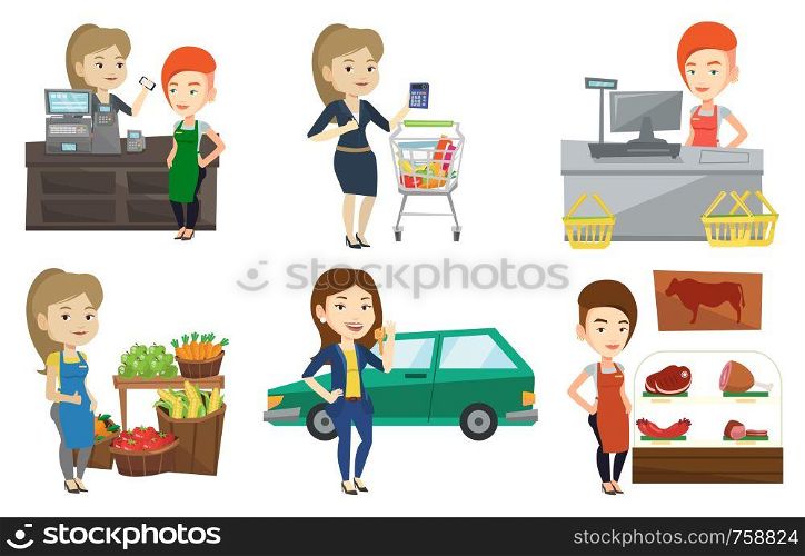 Cashier standing at the checkout in supermarket. Cashier working at checkout in a supermarket. Cashier accepting wireless payment. Set of vector flat design illustrations isolated on white background.. Vector set of shopping people characters.