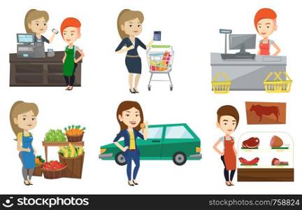 Cashier standing at the checkout in supermarket. Cashier working at checkout in a supermarket. Cashier accepting wireless payment. Set of vector flat design illustrations isolated on white background.. Vector set of shopping people characters.