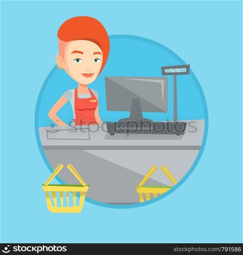 Cashier standing at the checkout in supermarket. Cashier working at checkout in a supermarket. Cashier standing near the cash register. Vector flat design illustration in circle isolated on background. Cashier standing at the checkout in supermarket.