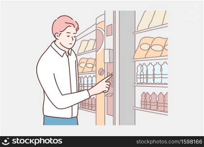 Cashless card payment concept. Young businessman boy clerk manager cartoon character customer buying food drinks at electronic vending machine. NFC service, contactless pay technologies illustration.. Cashless card payment, business concept