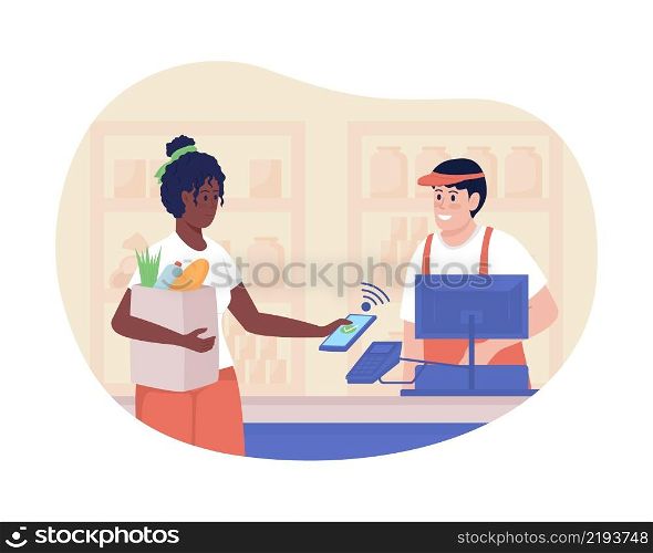 Cashless payment for groceries 2D vector isolated illustration. Daily situation. Customer and cashier in supermarket flat characters on cartoon background. Shopping colourful scene. Cashless payment for groceries 2D vector isolated illustration