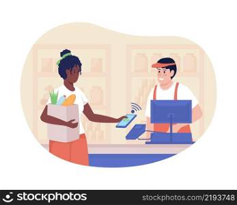 Cashless payment for groceries 2D vector isolated illustration. Daily situation. Customer and cashier in supermarket flat characters on cartoon background. Shopping colourful scene. Cashless payment for groceries 2D vector isolated illustration