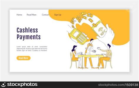 Cashless payments landing page flat silhouette vector template. Mobile wallet homepage layout. NFC payment one page website interface with cartoon outline character. Paying bill web banner, webpage