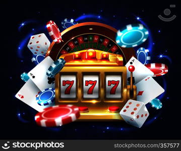 Casino 777 slot machine. Gambling roulette background big lucky prize, realistic 3D vector roulette and golden sloth machine. Casino 777 slot machine. Gambling roulette big lucky prize, realistic 3D vector roulette and golden sloth machine