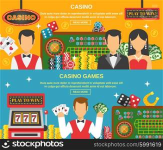 Casino And Gambling Banners Set . Casino and gambling horizontal banners set with casino games symbols flat isolated vector illustration