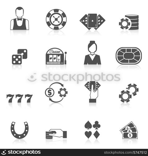 Casino and gambling icon black set with slot machine chip card isolated vector illustration