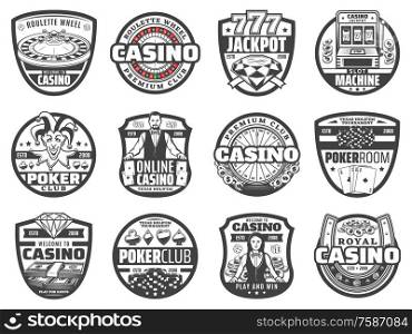 Casino and poker club vector badges of gambling games design. Casino roulette wheels, chips and dice, play cards, slot machine and jackpot 777, money, horseshoe and croupier, joker and diamond symbols. Casino roulette wheels, chips, dice, poker cards