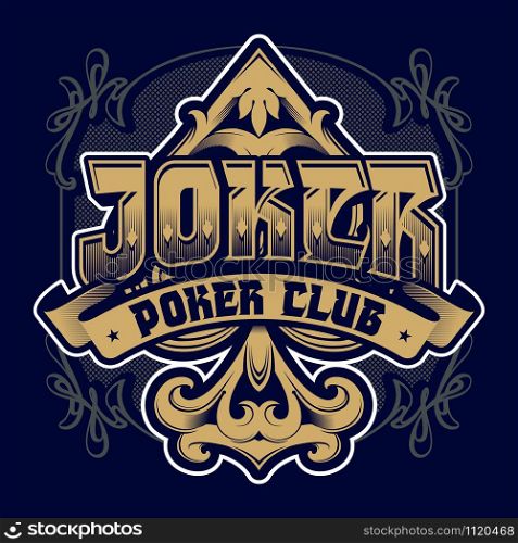 Casino and poker emblem. Label with Joker lettering with frame