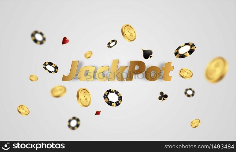 Casino banner jackpot design decorated with golden glittering playing prize sign coins.