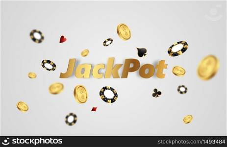 Casino banner jackpot design decorated with golden glittering playing prize sign coins.