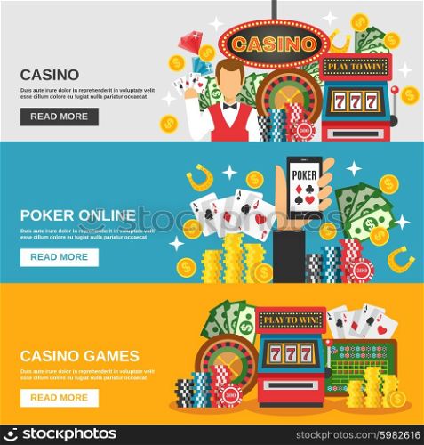 Casino Banners Set. Casino horizontal banners set with poker online symbols flat isolated vector illustration