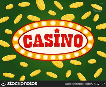 Casino board with currency jackpot, gamble signboard with lightbulbs decorated by golden coins. Gambling advertisement, night entertainment, poker vector. Jackpot Board, Gambling Signboard, Casino Vector