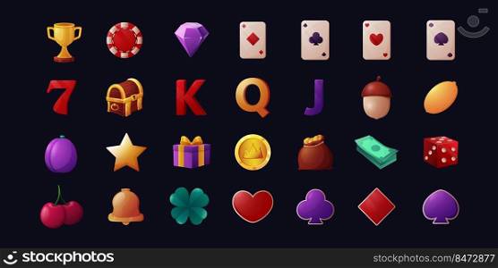 Casino cartoon icons. lottery mobile and web game elements. Vector slot game set element trophy game. Casino cartoon icons. lottery mobile and web game elements. Vector fortune slot game set