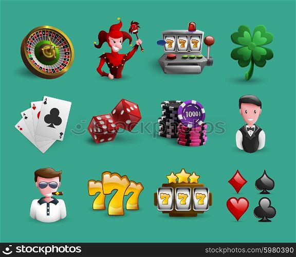 Casino Cartoon Icons Set. Icons set with chance games and casino related characters and elements cartoon isolated vector illustration