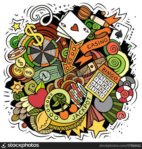 Casino cartoon vector doodle design. Colorful detailed composition with lot of gambling objects and symbols. All items are separate. Casino cartoon vector doodle design