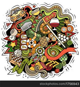 Casino cartoon vector doodle design. Colorful detailed composition with lot of gambling objects and symbols. All items are separate. Casino cartoon vector doodle design