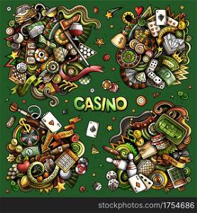 Casino cartoon vector doodle designs set. Colorful detailed compositions with lot of gambling objects and symbols. All items are separate. Casino cartoon vector doodle designs set.