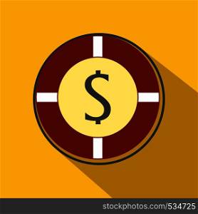 Casino chip icon in flat style on a yellow background. Casino chip icon, flat style