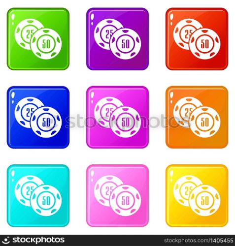 Casino chip icons set 9 color collection isolated on white for any design. Casino chip icons set 9 color collection