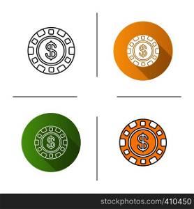 Casino chip linear icon. Flat design, linear and color styles. Gambling token with dollar sign. Isolated vector illustrations. Casino chip linear icon