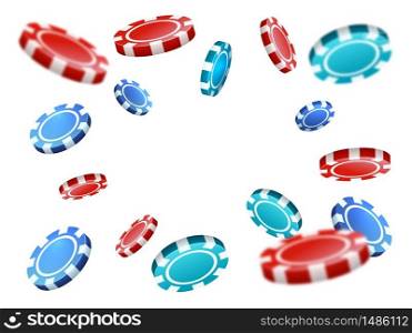 Casino chips. 3D flying tokens for gambling with bokeh effect. Vector illustration realistic blackjack sign. Casino chips. 3D tokens for gambling. Vector realistic blackjack sign