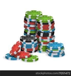 Casino Chips Stacks Isolated Vector. Realistic. White, Red, Black, Blue, Green Casino Chips Illustration.. Gambling Poker Chips Stacks Vector. Realistic. Classic Colored Poker Chips Icon Isolated On White Illustration. For Online Casino, Gambling Club, Poker, Billboard.