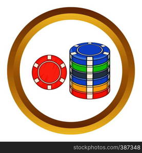 Casino chips vector icon in golden circle, cartoon style isolated on white background. Casino chips vector icon