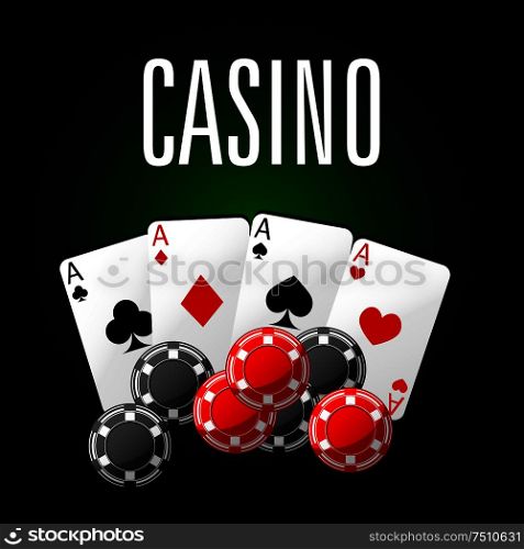 Casino club luxury symbol of four aces poker with red and black gambling chips, for game industry or gambling theme. Casino club icon with four aces and gambling chips