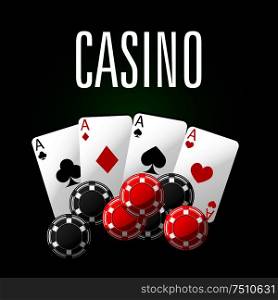 Casino club luxury symbol of four aces poker with red and black gambling chips, for game industry or gambling theme. Casino club icon with four aces and gambling chips
