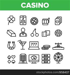 Casino Collection Play Elements Vector Icons Set Thin Line. Casino Chip And Cards, Smartphone and Laptop, Roulette And Dealer Concept Linear Pictograms. Monochrome Contour Illustrations. Casino Collection Play Elements Vector Icons Set
